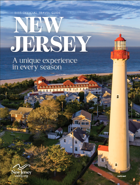 Mockup of the 2023 New Jersey Travel Guide, featuring the Cape May Lighthouse.