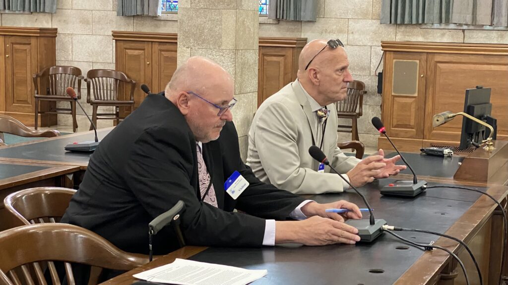 Two individuals sitting at a desk with microphones to provide committee testimony.