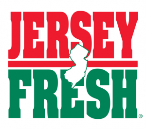 Logo in red and green letters saying, Jersey Fresh, with a silhouette of the state of New Jersey in the middle.